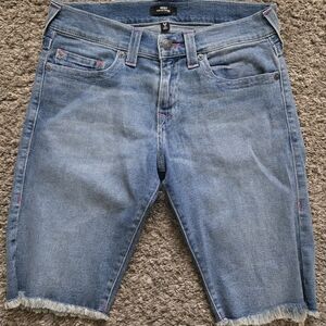 True Religion Blue Denim Cut Off Ricky Relaxed Straight Womens Size 32
